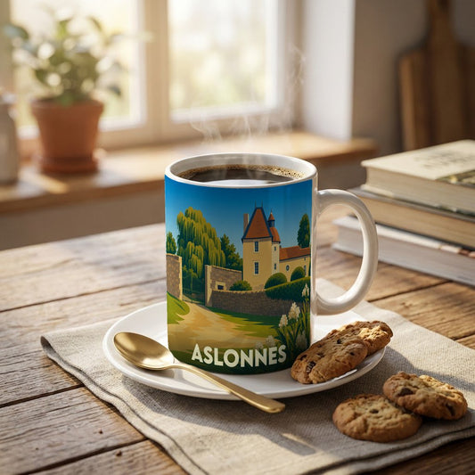 Mug souvenir de la ville d'Aslonnes orné d'une illustration stylisée représentant un château.