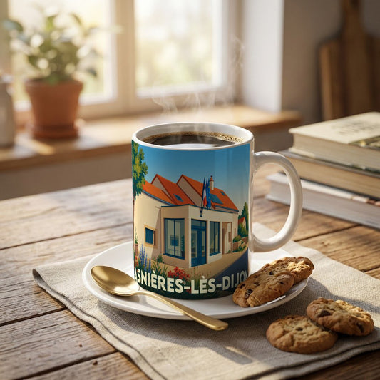 Mug souvenir de la ville de Asnières-lès-Dijon illustré d'un bâtiment typique.
