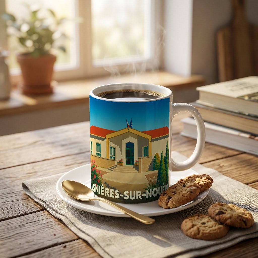 Mug souvenir de la ville d'Asnières-sur-Nouère avec une illustration stylisée de sa mairie.