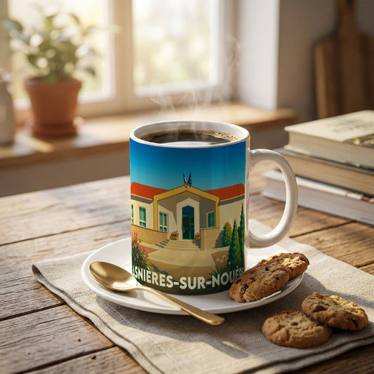 Mug souvenir de la ville d'Asnières-sur-Nouère avec une illustration stylisée de sa mairie.