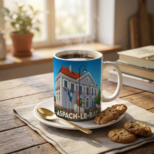Mug souvenir de la ville d'Aspach-le-Bas avec une illustration stylisée de sa mairie.