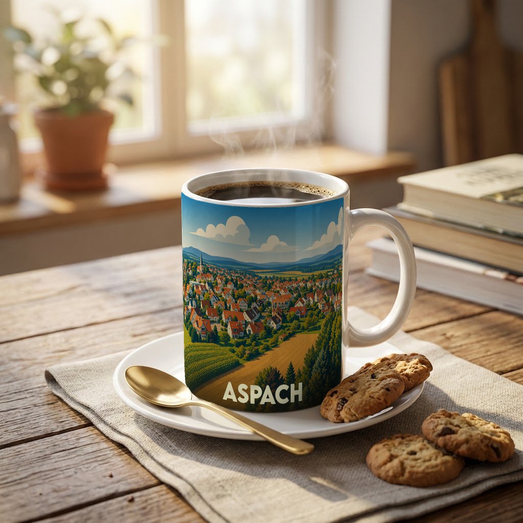 Mug souvenir de la ville d'Aspach avec une illustration stylisée d'un paysage urbain et rural.