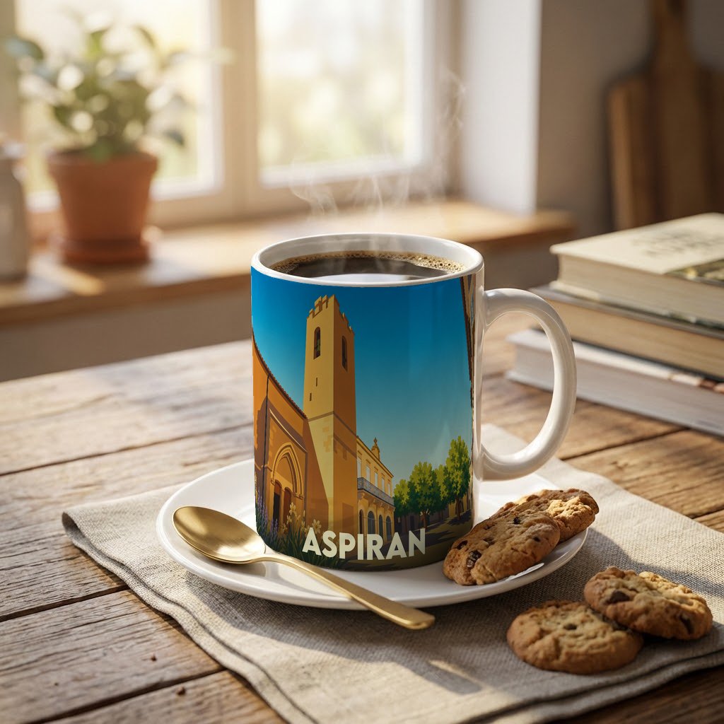 Mug souvenir de la ville de Aspiran avec une illustration stylisée de son église.