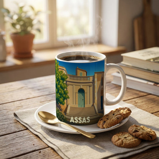 Mug souvenir de la ville d'Assas avec une illustration stylisée de sa mairie.