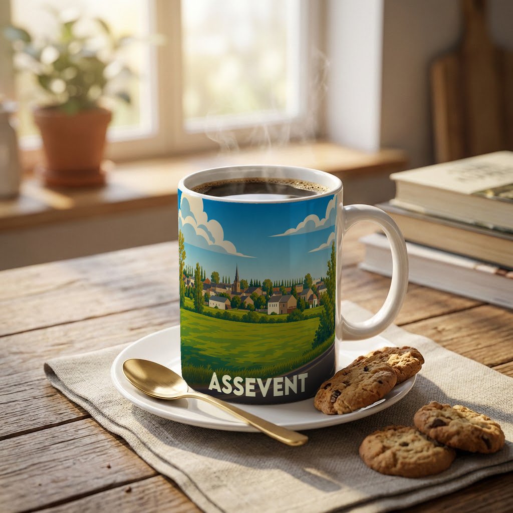 Mug souvenir de la ville d'Assevent orné d'une illustration stylisée de son paysage et de ses habitations.