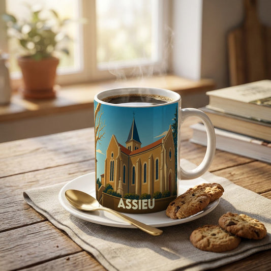 Mug souvenir de la ville d'Assieu illustré d'une église stylisée, posé sur une table avec des biscuits.