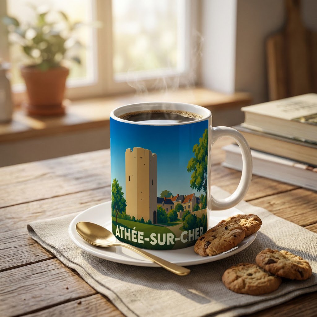 Mug souvenir de la ville d'Athée-sur-Cher avec une illustration stylisée d'une tour médiévale.