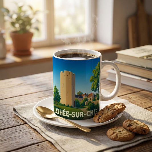 Mug souvenir de la ville d'Athée-sur-Cher avec une illustration stylisée d'une tour médiévale.