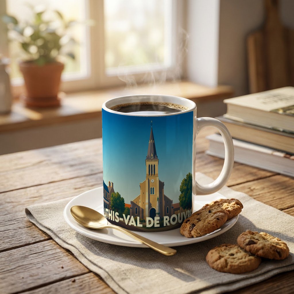 Mug souvenir de la ville d'Athis-Val de Rouvre avec une illustration stylisée de son église.