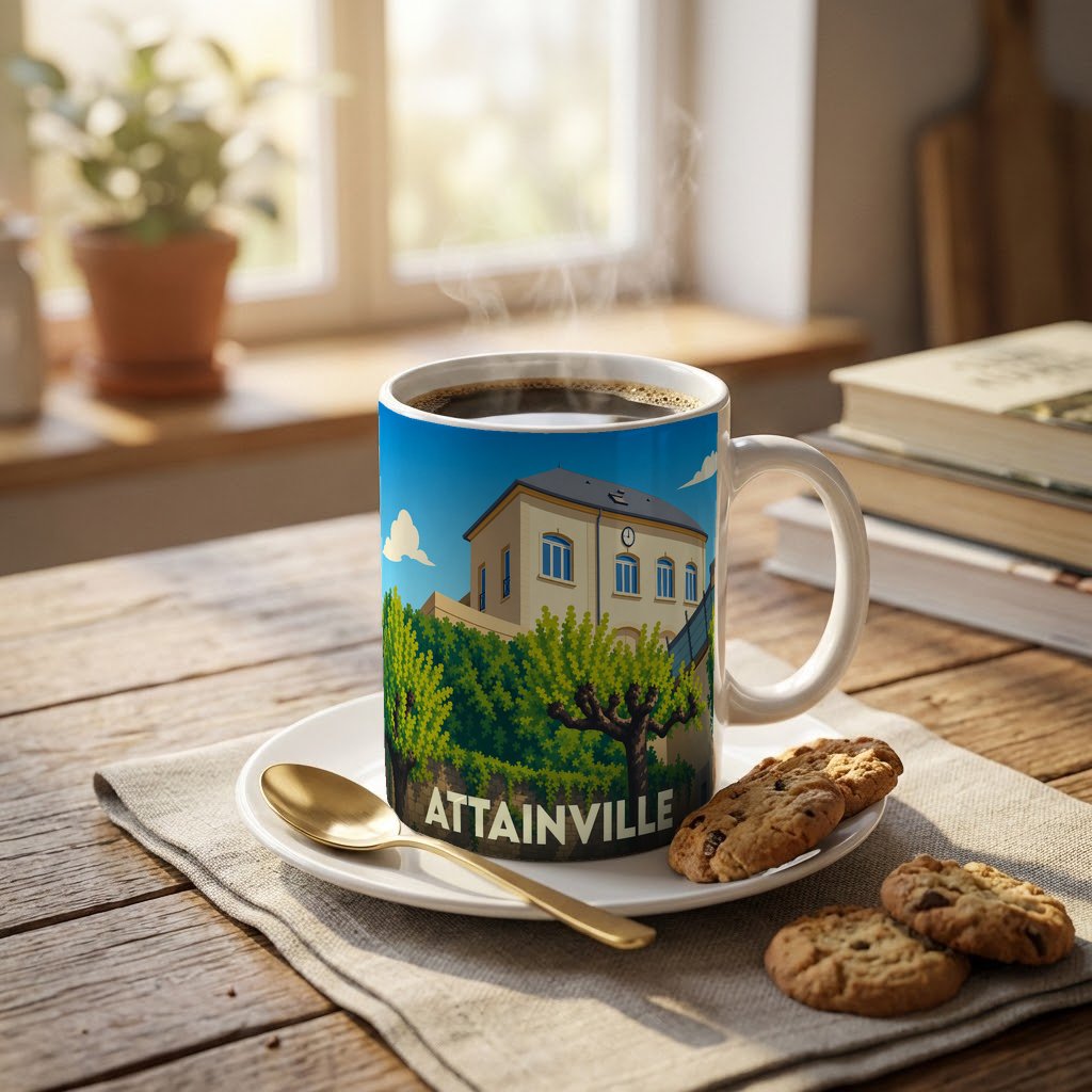 Mug souvenir de la ville d'Attainville orné d'une illustration stylisée de sa mairie et de sa végétation.