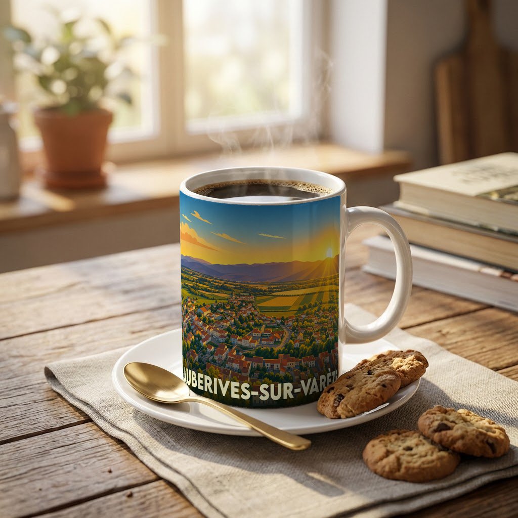 Mug souvenir de la ville d'Auberives-sur-Varèze illustré d'un paysage panoramique au soleil couchant.