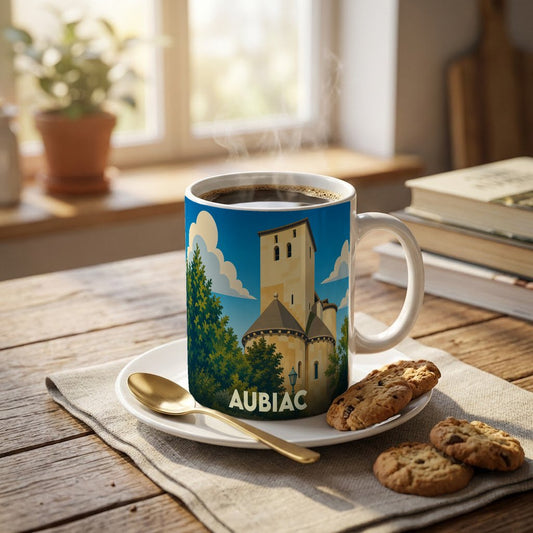 Mug souvenir de la ville d'Aubiac orné d'une illustration stylisée de son église fortifiée.
