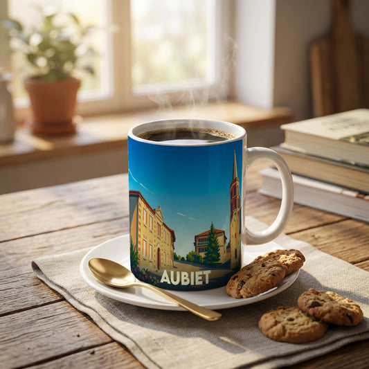 Mug souvenir de la ville d'Aubiet avec une illustration stylisée et colorée.
