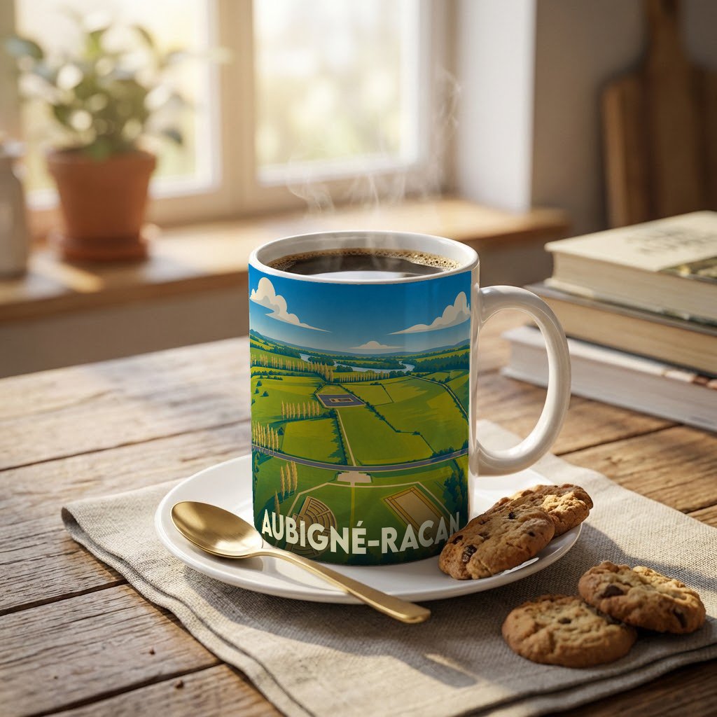 Mug souvenir de la ville d'Aubigné-Racan avec une illustration stylisée de ses paysages verdoyants.