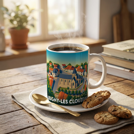 Mug souvenir de la ville d'Aubigny-Les Clouzeaux avec une illustration stylisée et colorée.