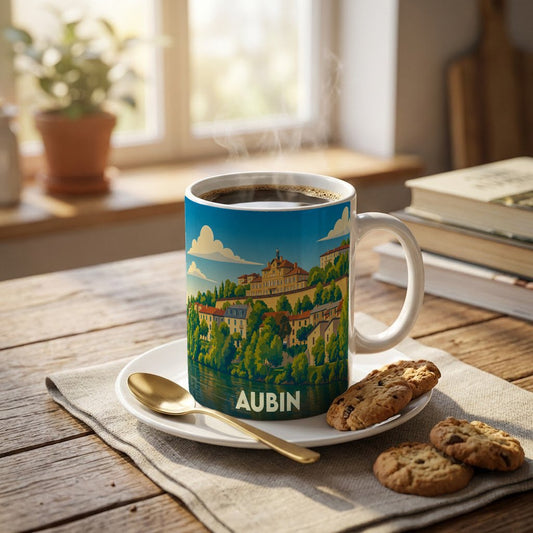 Mug souvenir de la ville d'Aubin orné d'une illustration stylisée d'un paysage urbain au bord de l'eau.