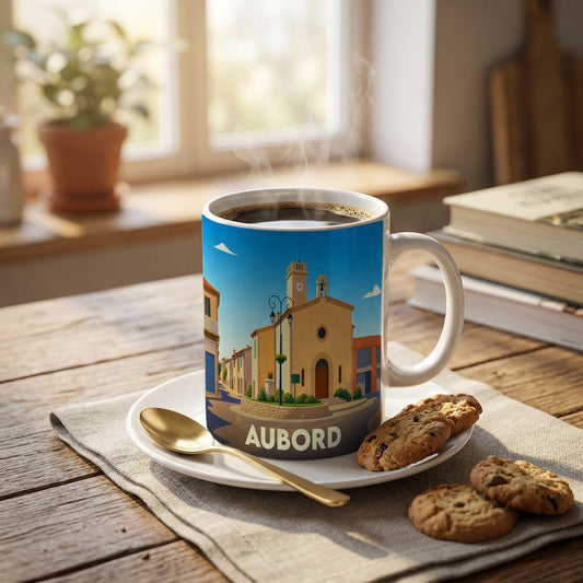 Mug souvenir de la ville d'Aubord avec une illustration stylisée de son église sous un ciel bleu.