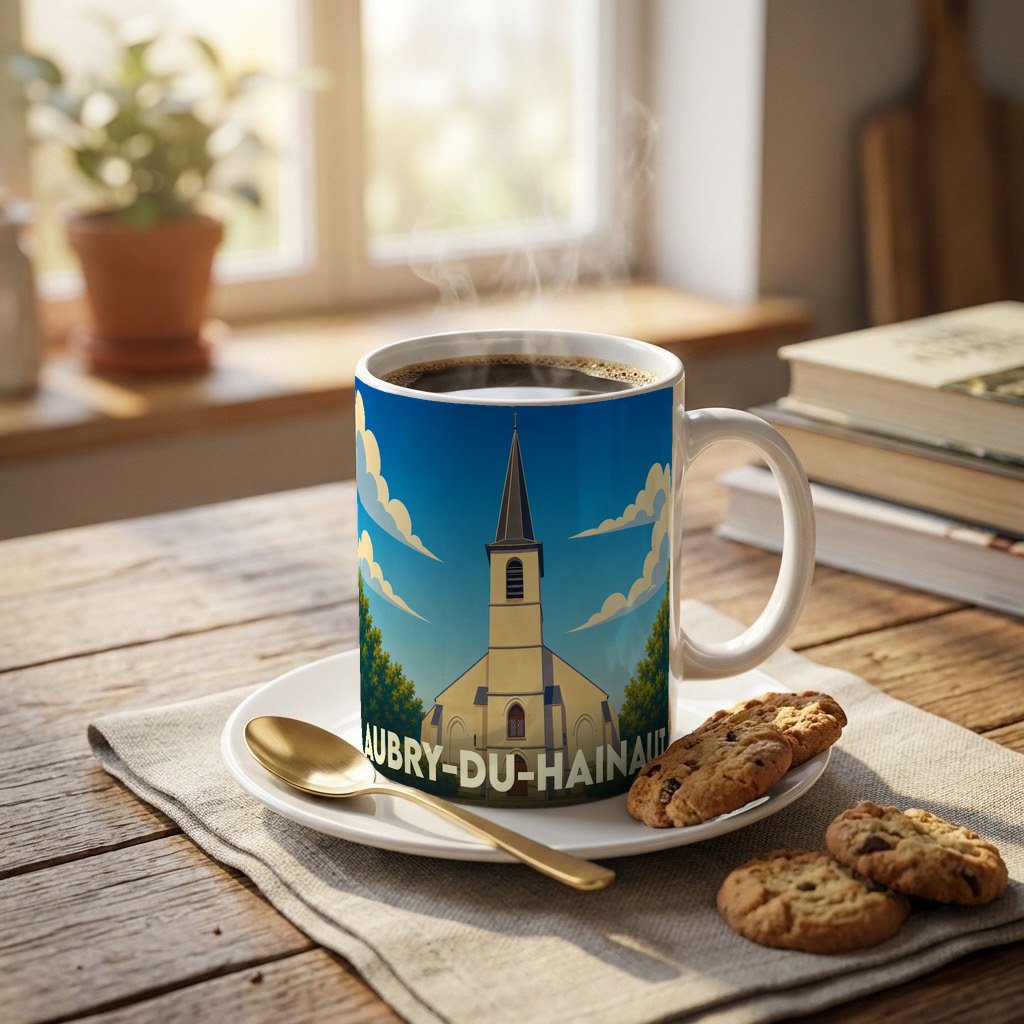 Mug souvenir de la ville de Aubry-du-Hainaut orné d'une illustration stylisée de son église.