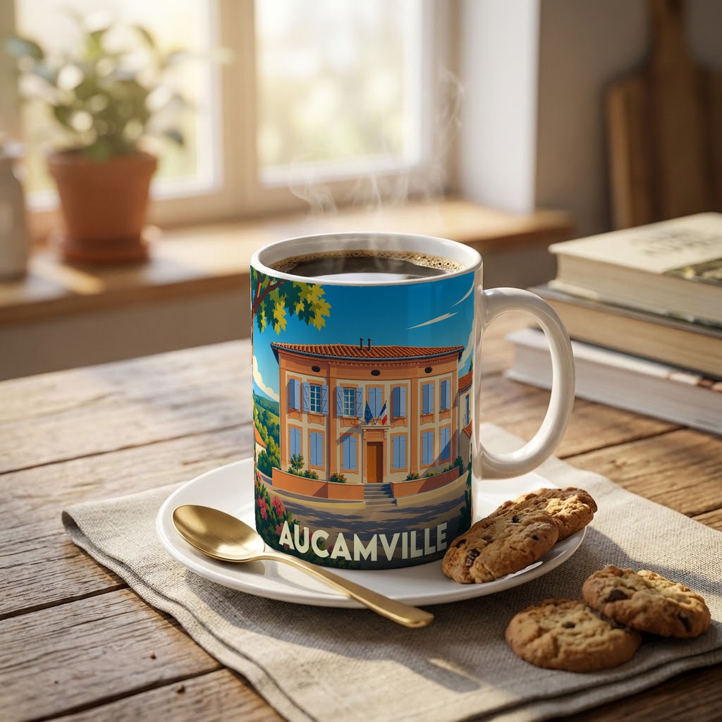 Mug souvenir de la ville d'Aucamville avec une illustration stylisée de sa mairie.