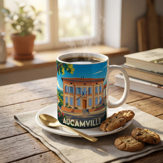 Mug souvenir de la ville d'Aucamville avec une illustration stylisée de sa mairie.
