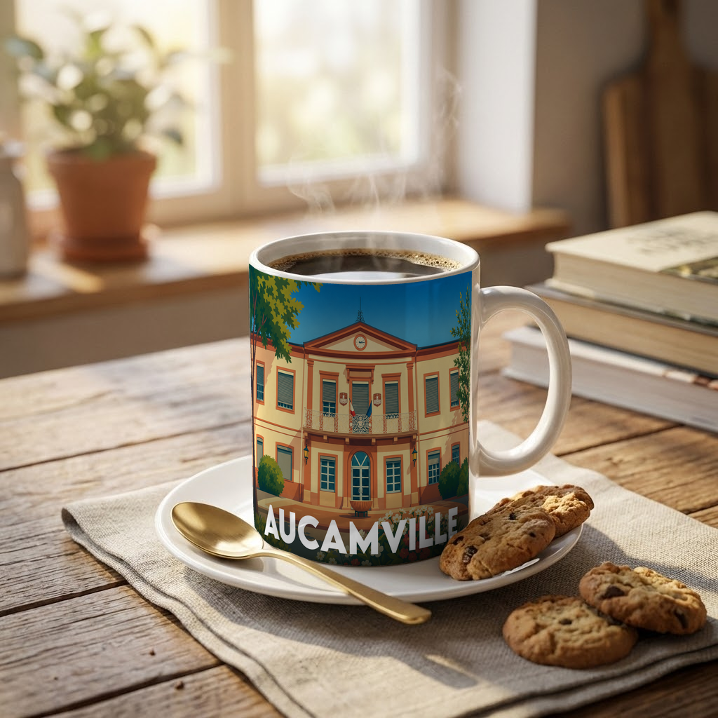 Mug souvenir de la ville d'Aucamville avec une illustration stylisée de sa mairie.