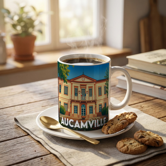 Mug souvenir de la ville d'Aucamville avec une illustration stylisée de sa mairie.