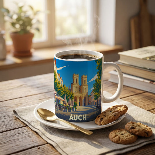 Mug souvenir de la ville d'Auch orné d'une illustration stylisée de sa cathédrale.