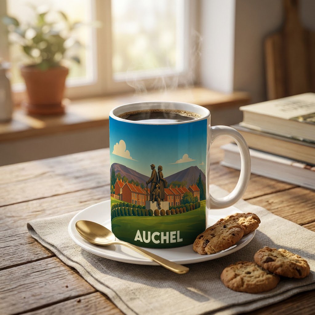 Mug souvenir de la ville d'Auchel orné d'une illustration stylisée représentant un monument et des habitations locales.
