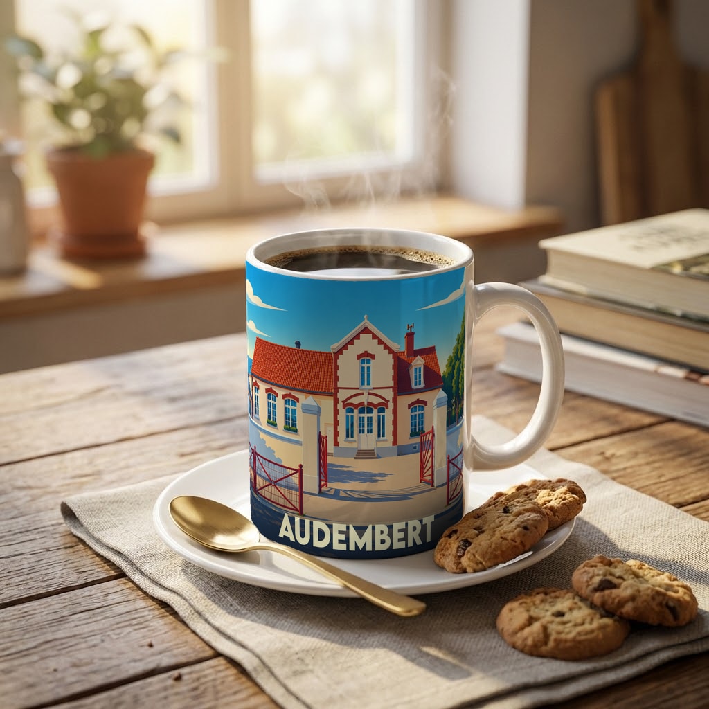 Mug souvenir de la ville d'Audembert illustré d'un bâtiment typique au style vintage.