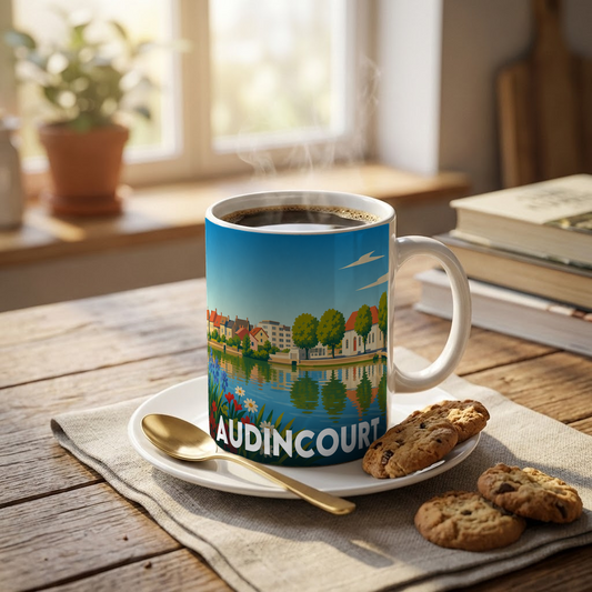 Mug souvenir de la ville d'Audincourt avec une illustration stylisée.