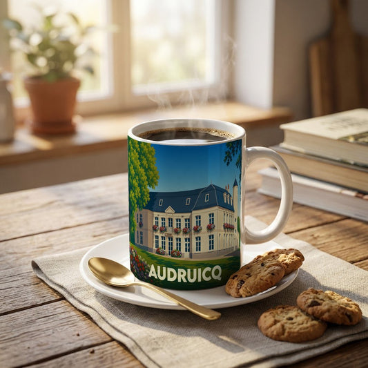 Mug souvenir de la ville d'Audruicq avec une illustration stylisée d'un bâtiment historique.