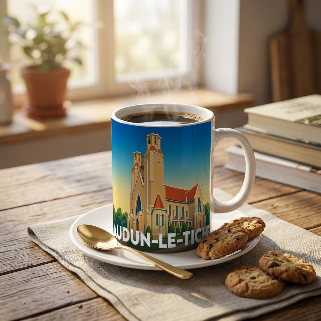 Mug souvenir de la ville d'Audun-le-Tiche avec une illustration stylisée de son église.