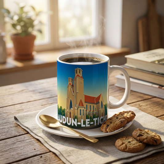 Mug souvenir de la ville d'Audun-le-Tiche avec une illustration stylisée de son église.