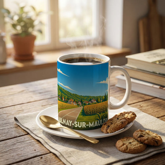 Mug souvenir de la ville d’Aulnay-sur-Mauldre orné d'une illustration bucolique stylisée.