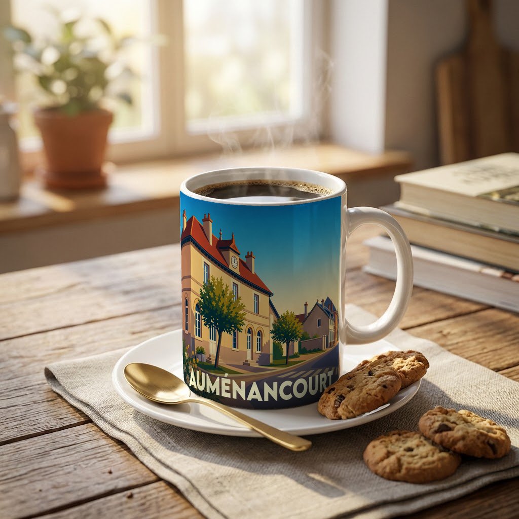 Mug souvenir de la ville d'Auménancourt avec une illustration stylisée d'un paysage urbain.
