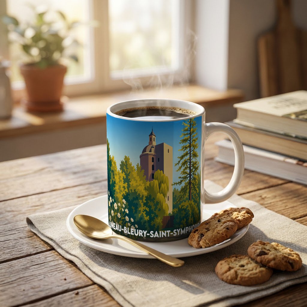 Mug souvenir de la ville d'Auneau-Bleury-Saint-Symphorien orné d'une illustration stylisée de son patrimoine architectural.