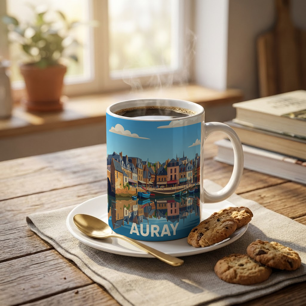 Mug souvenir de la ville d'Auray avec une illustration stylisée de son port.