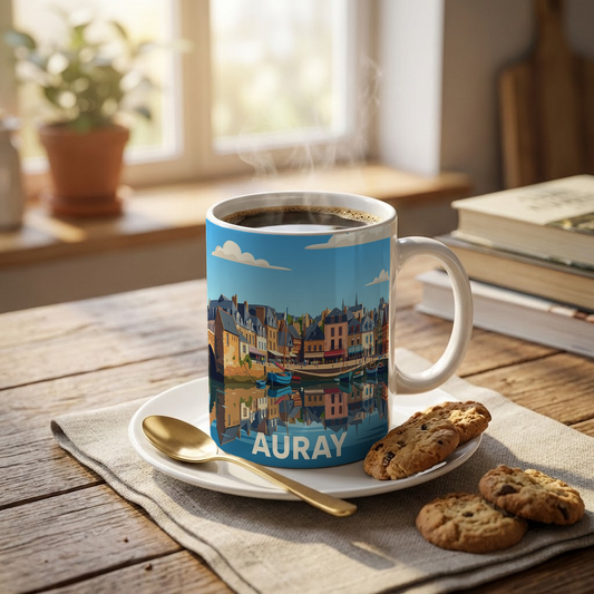 Mug souvenir de la ville d'Auray avec une illustration stylisée de son port.