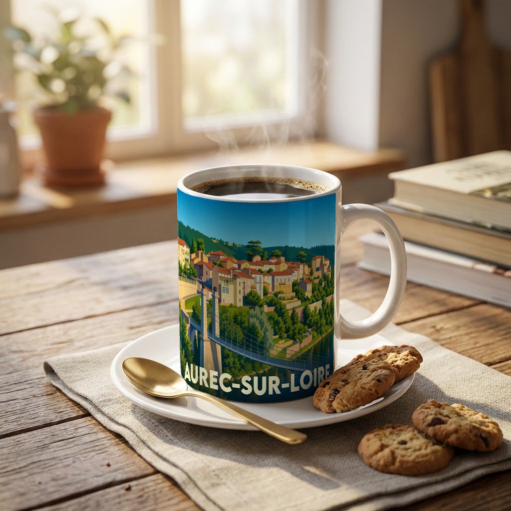 Mug souvenir de la ville de Aurec-sur-Loire avec une illustration stylisée.