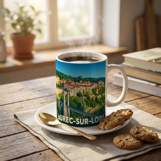 Mug souvenir de la ville de Aurec-sur-Loire avec une illustration stylisée.