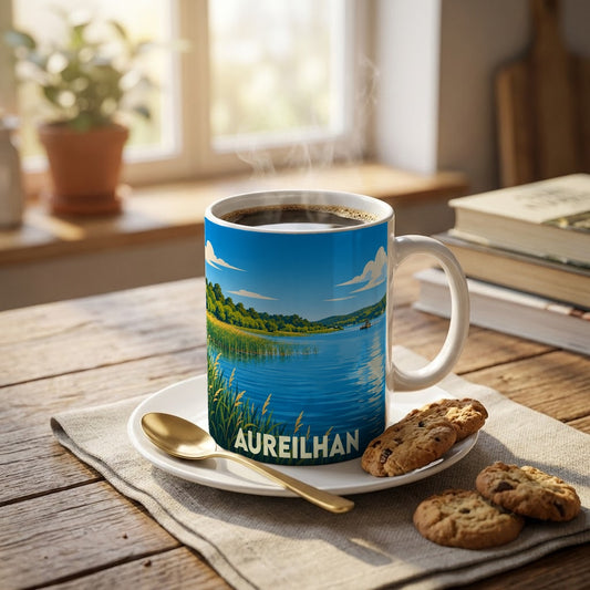 Mug souvenir de la ville d'Aureilhan avec une illustration stylisée de son lac.