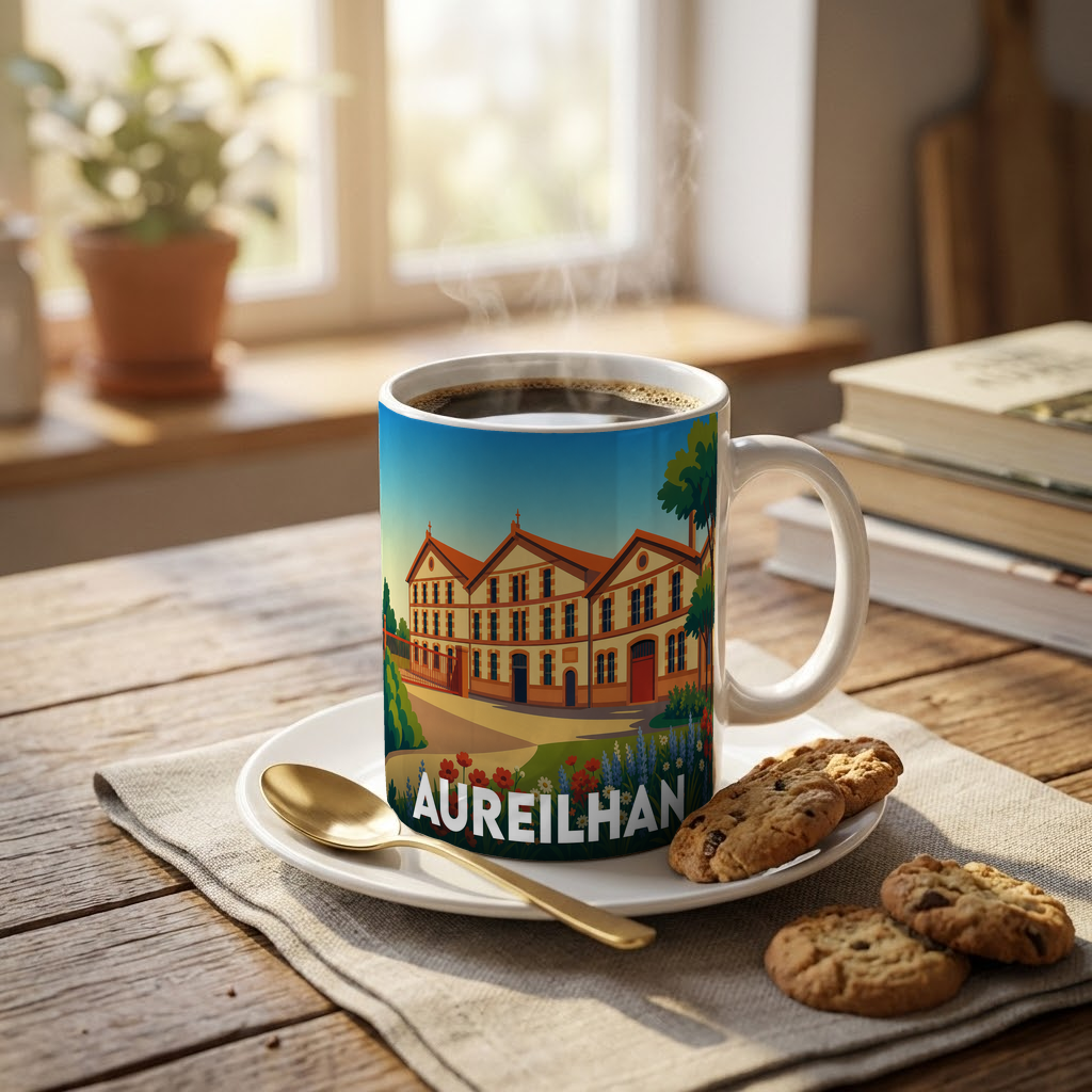 Mug souvenir de la ville d'Aureilhan avec une illustration colorée représentant un bâtiment historique.