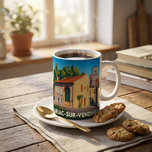 Mug souvenir de la ville d'Auriac-sur-Vendinelle avec une illustration colorée et stylisée.