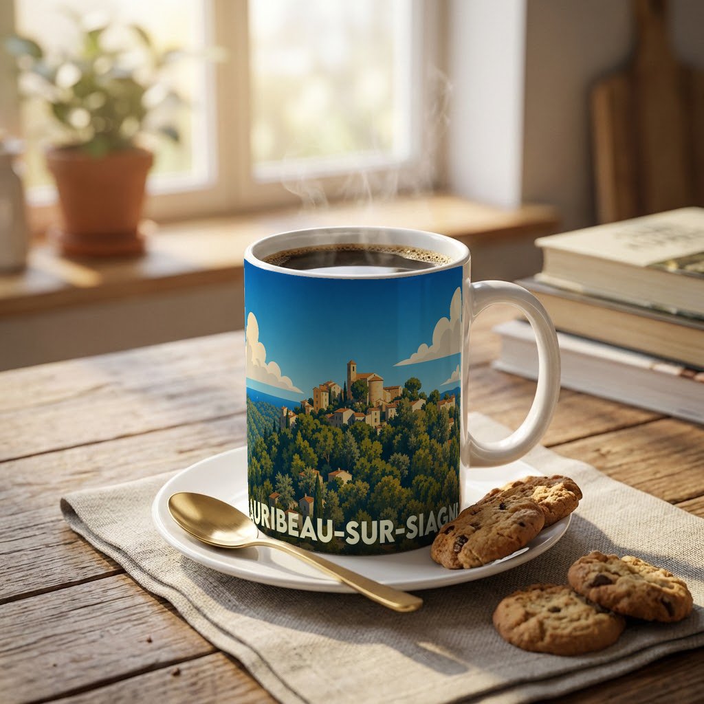 Mug souvenir de la ville d'Auribeau-sur-Siagne avec une illustration stylisée d'un village perché.