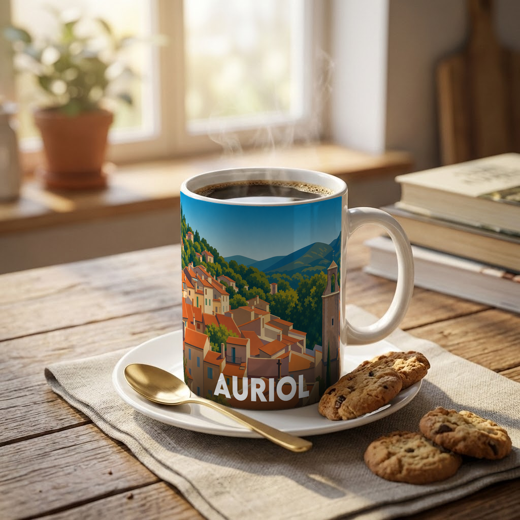 Mug souvenir de la ville d'Auriol avec une illustration stylisée.