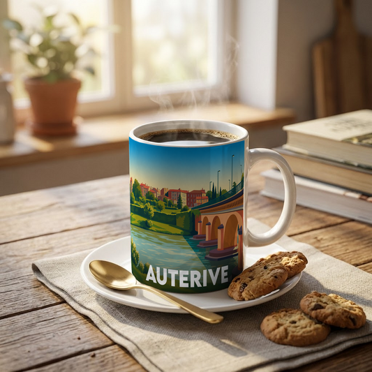 Mug souvenir de la ville d'Auterive orné d'une illustration stylisée de son pont et de ses quais.
