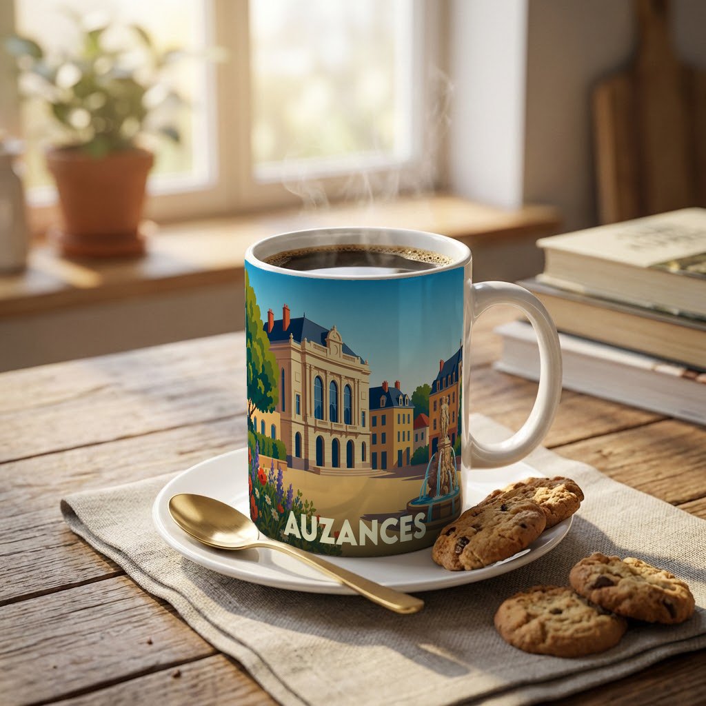 Mug souvenir de la ville d'Auzances avec une illustration stylisée et colorée de son architecture.