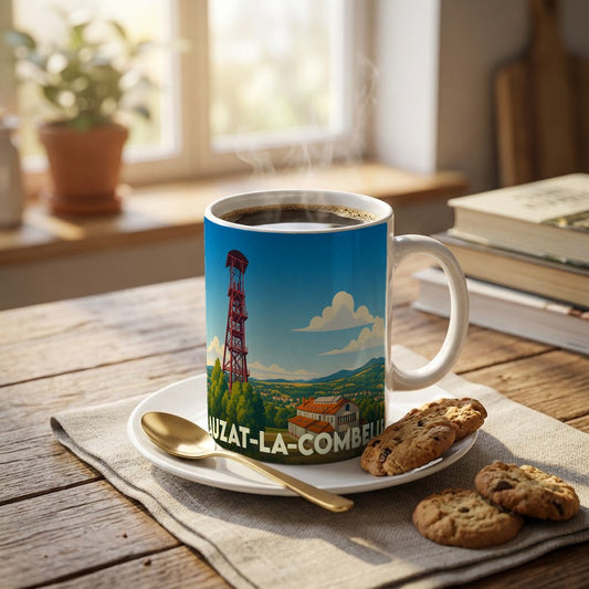 Mug souvenir de la ville d'Auzat-la-Combelle avec une illustration stylisée de son chevalement minier.