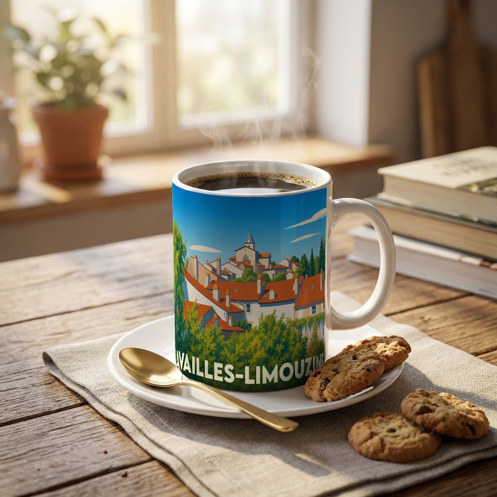 Mug souvenir de la ville d'Availles-Limouzine orné d'une illustration stylisée de ses toits.