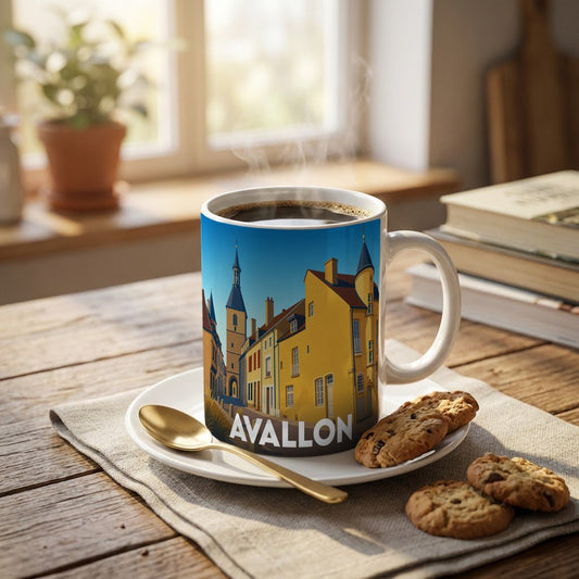 Mug souvenir de la ville d'Avallon avec une illustration stylisée de ses bâtiments historiques.
